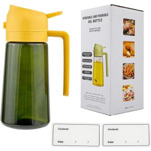 Oil Spray Bottle Dispenser for Kitchen Cooking, 470ml 16oz 2 in 1 Olive Oil Mister with 2 Waterproof Stickers for Kitchen Gadgets, Air Fryer, Salad, Frying, BBQ -Yellow Lid + Green Bottle