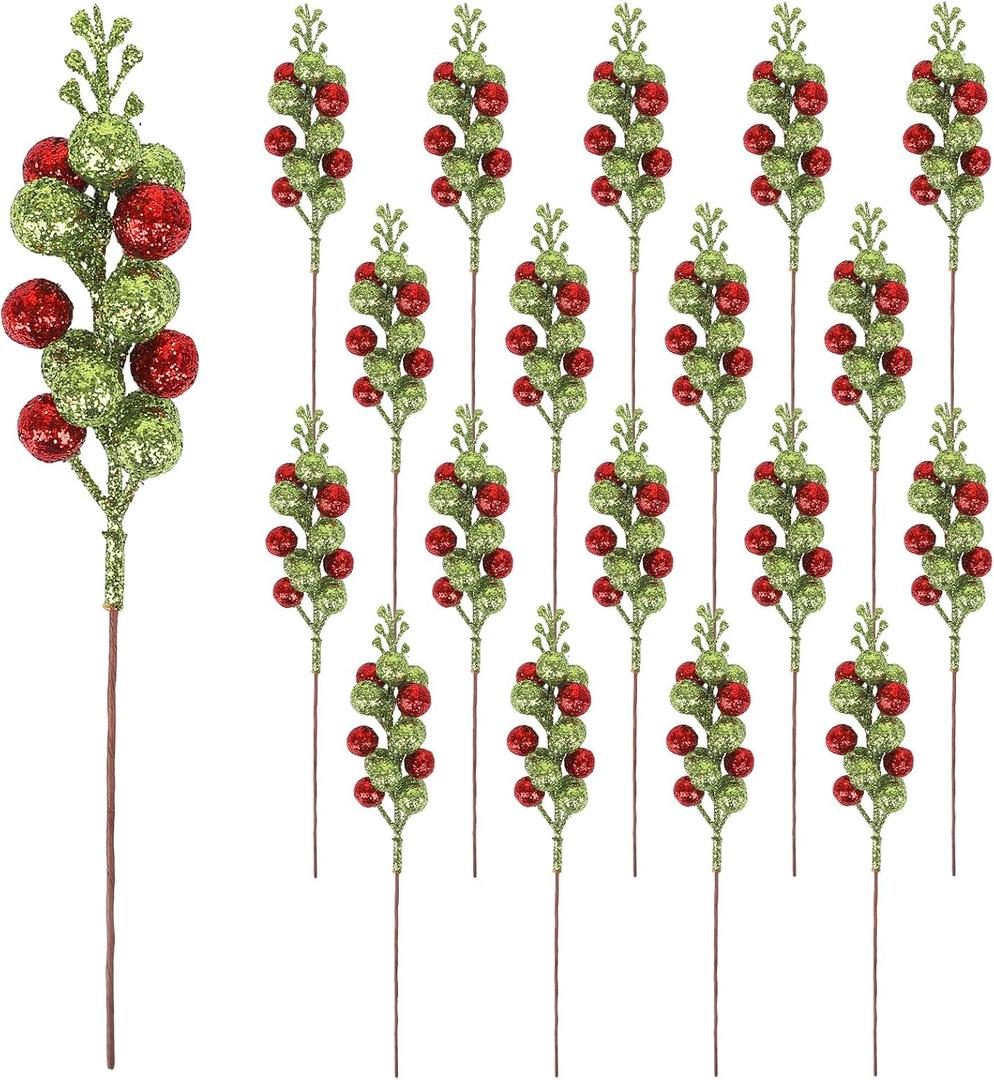 DIYASY Artificial Berry Stems, 20 Pcs Glitter Christmas Tree Picks Xmas Branches Filler Holiday Wreath Garland Decorations Home Dcor Red and Green 7.8 Inch