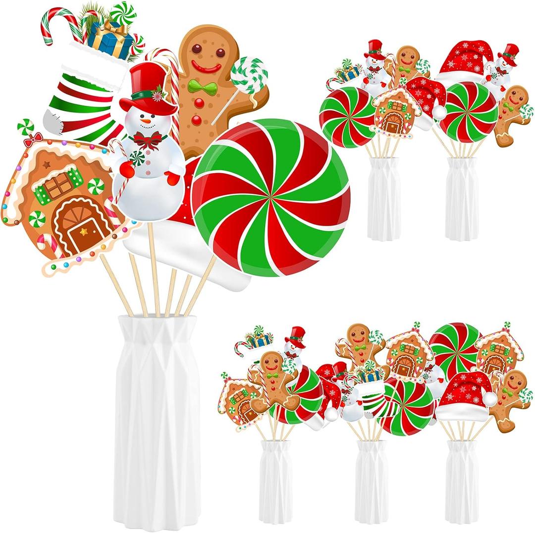 24 Pieces Christmas Picks Snowman Santa Hat Lollipop Gingerbread Christmas Stocking Farm House Cutout on Sticks Vase Filler Crafts Tree Ornament Wreath Holiday Decorations for Christmas Party