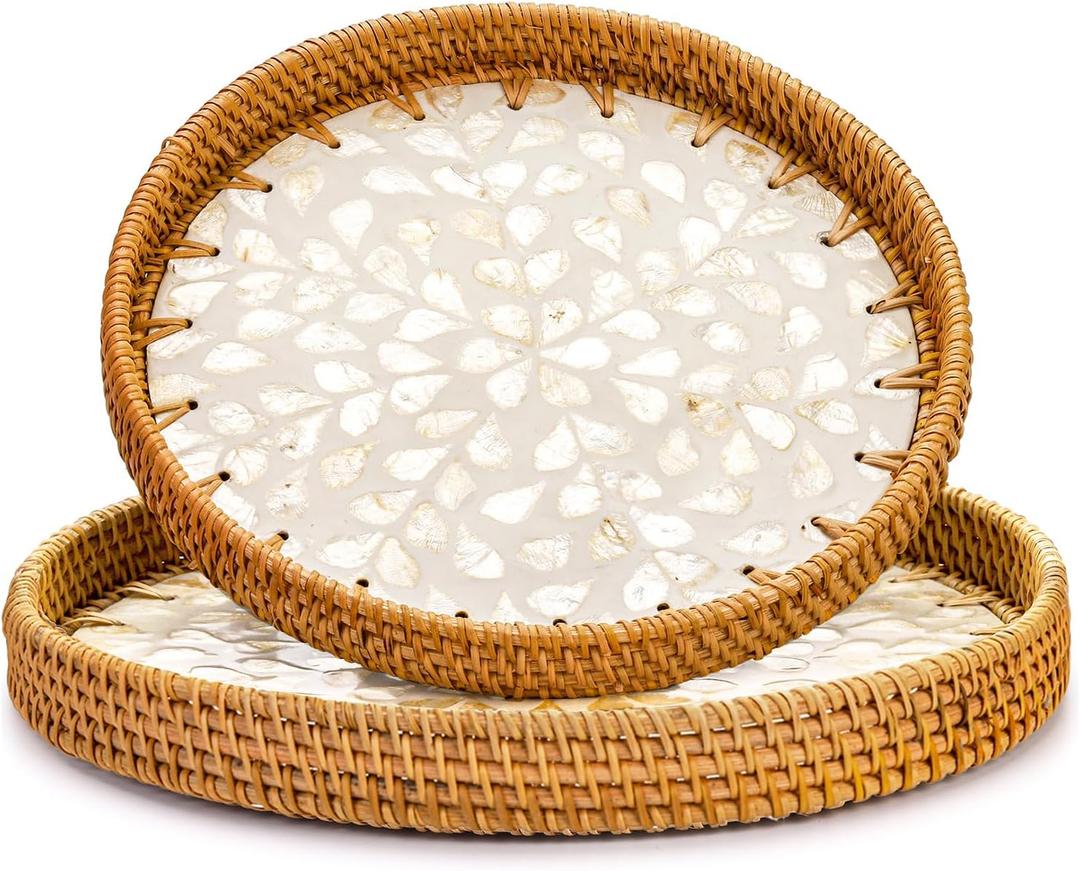 Frcctre 2 Pack Round Rattan Tray with Mother of Pearl Inlay, Rattan Serving Tray with Wooden Base, Decorative Wicker Basket for Bread Fruit Food Coffee Breakfast, Storage and Display, 2 Sizes