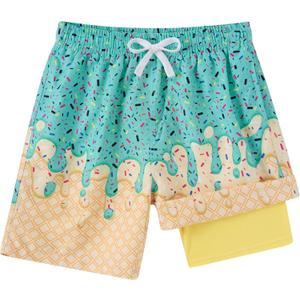 westwolf Boys Swim Trunks with Compression Liner Casual Bathing Suit for Kids Swim Shorts 6-18 Years (A1 Green Yellow)