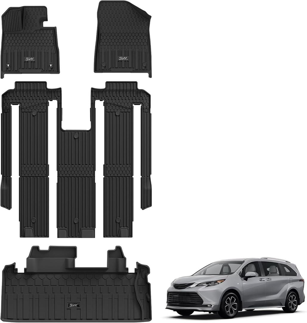 3W Floor Mats&Cargo Liner Fit Toyota Sienna 2021-2024 2025 (for 7 Seat LE/XLE/XSE/Limited & Not Fit 2025 Platinum) TPE Custom Fit Floor Liner for Sienna 1st, 2nd and 3rd Row and Trunk(w/o Spare tire)