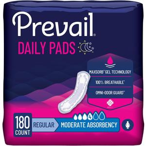 Prevail Incontinence Bladder Control Pads for Women, Moderate Absorbency, Regular Length, 180 Count