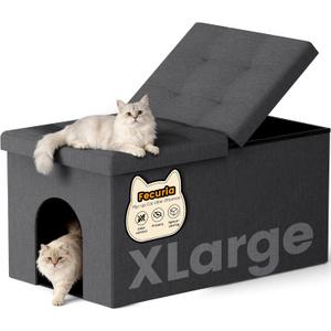 3-in-1 Cat Litter Box Enclosure with Odor Control, Multi-Functional Hidden Litter Box Furniture Bench, Dog Proof, Space-Saving Ottoman Cabinet with Flip-Up Lid, Extra Large, Dark Grey (XL)