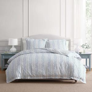 Martha Stewart - King Comforter Set, 100% Silky Smooth Cotton Sateen Striped Bedding for Year Round Comfort, 3 Piece Bed Set with Matching Pillowcases (Verbena Stripe Blue)