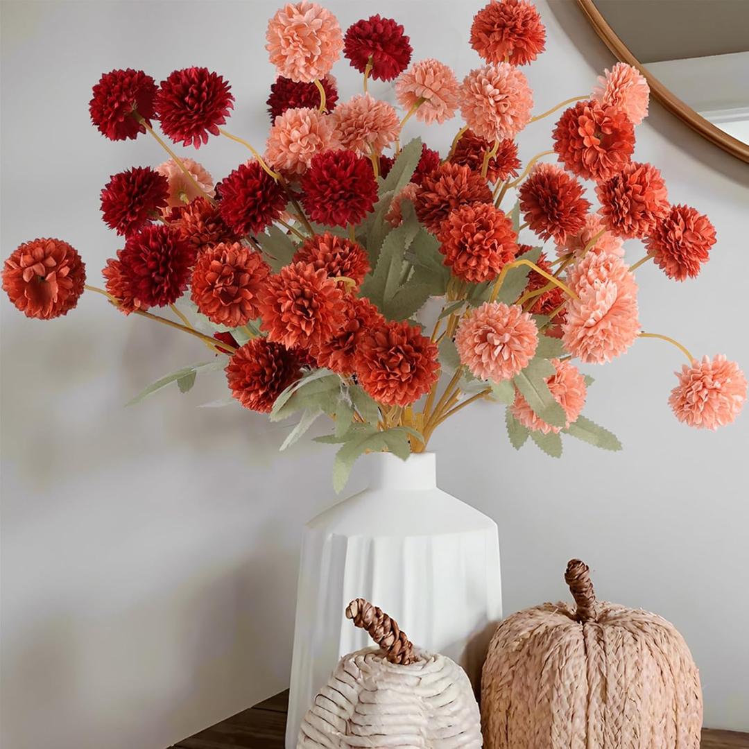 Hananona 12 Pcs Artificial Chrysanthemum Flowers, Orange Kiku Pom Pom Mums Flower Faux Fall Floral for Autumn Halloween Kitchen Table Centerpiece Home Decor (12, Burgundy, Burnt Orange, Deep Peach)