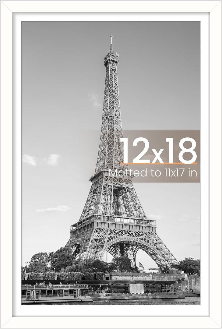 upsimples 12x18 Picture Frame, Display Pictures 11x17 with Mat or 12 x 18 Without, Wall Hanging Poster Frames, White, 1 Pack