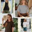 Oakgarden 4 Pack Girls Short Sleeve T-Shirts 5-14Y Crew Neck Drop Shoulder Tops Kids Loose Casual Athletic Basic Shirts Tees(Brown, White, Light Mix Gray, Black,9-10 Years)