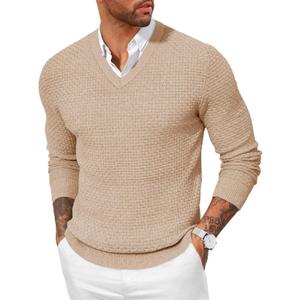 Yousify Mens V Neck Pullover Sweater Waffle Knit Casual Textured Pullover Long Sleeve Slim Fit Fall Sweaters Khaki, L 