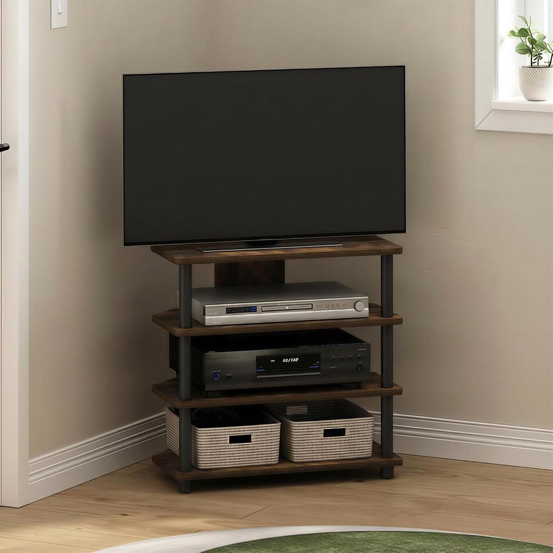 Furinno ECON TV Stand, 4-Tier Corner Petite Entertainment Center, Open Frame TV Console for TV up to 32 Inch, Easy Assembly, for Living Room, Bedroom, Amber Pine