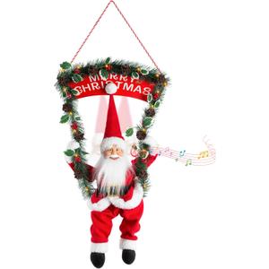 Christmas Animated Santa Claus Decoration, Talking Santa 33inch Animatronics Hanging Plush Decor with LED Light Wreath, Christmas Sign, Head Move, Xmas Collectible Figure Gift for Indoor, Wall, Door