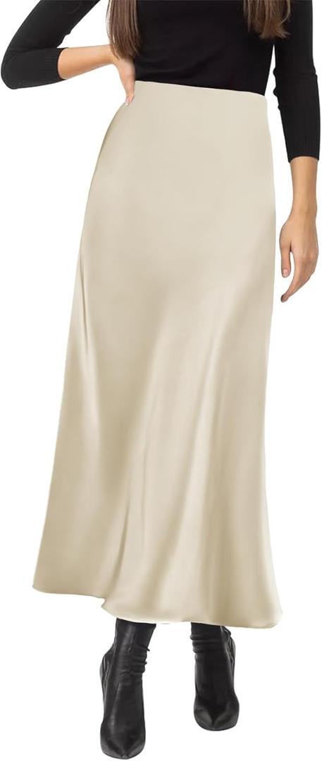 Women's Satin Silky High Waist Maxi Skirt Elegant Elastic Waistband A Line Long Skirts Champagne 