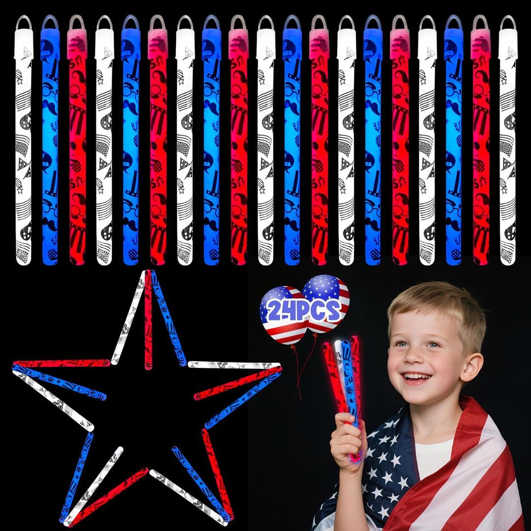 WODMAZ Fourth of July Glow Sticks, 24 PCS Patriotic Red Blue White Glow Sticks in Different Pattern Designs for Independence Day Memorial Day Party Favors Supplies