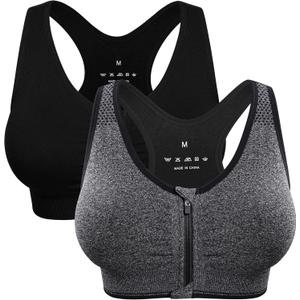 Women's Zip Front Sports Bra Wireless Post-Surgery Bra Active Yoga Sports Bras (Large, Black+grey-2 Pack)