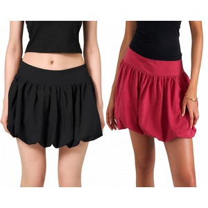 Women's Y2K Bubble Mini Skirt High Waist Pleated Ruffle Hem Puffy Casual Summer Short A-Line Skirt Streetwear Size XL, Black and Burgundy