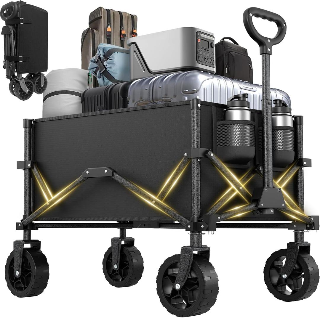 Collapsible Wagon with Wheels, Portable Wagons Carts Foldable, Folding Wagon Cart for Groceries, Sports Garden Shopping Utility Wagon, Black