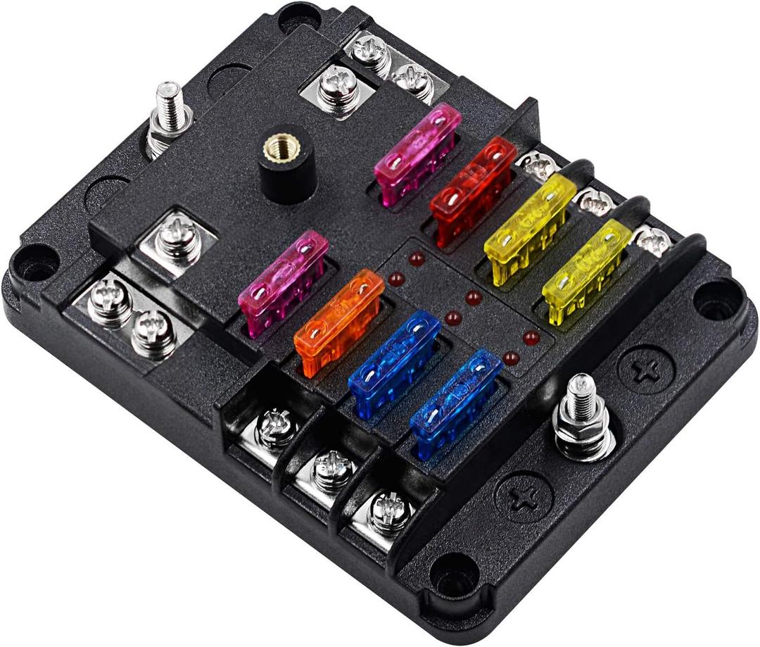 6 Way Fuse Block W/Negative Bus - ATC/ATO 6 Circuit Fuse Box with Ground, with Negative Bus & Protection Cover, Bolt Connect Terminals, 70 pcs Stick Label, for 12V/24V Vehicle Car Boat Marine Auto