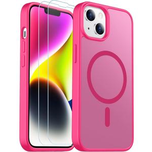 3 x SPIDERCASE Designed for iPhone 14 Plus Case, Magnetic Translucent [2 Pack Tempered Glass Screen Protector] Anti-Fingerprint Anti-Scratch Case for iPhone 14 Plus 6.7,Hot Pink