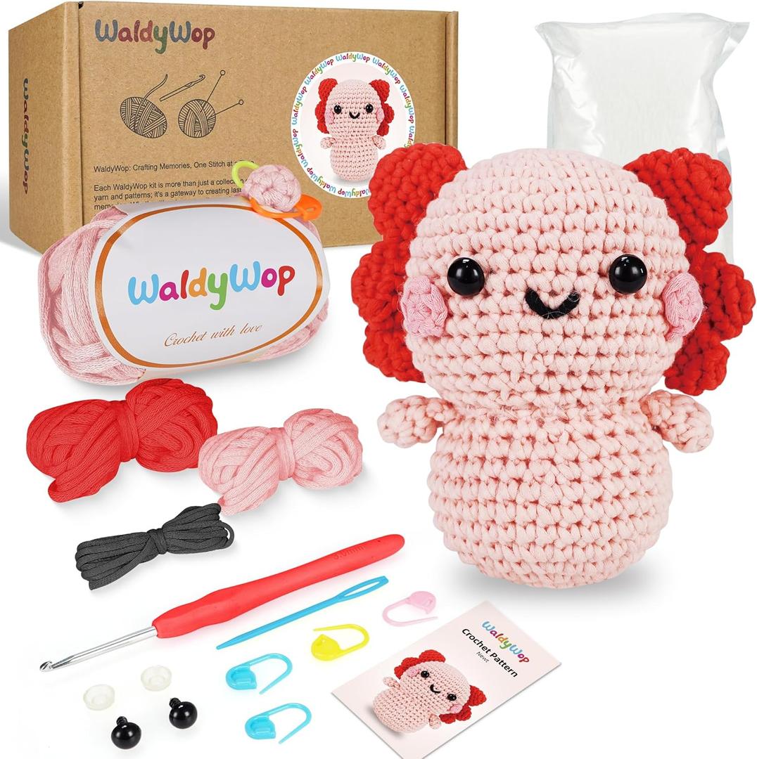 WaldyWop Crochet Kit for Beginners Kids, Wobbles Crochet Animal Kit, Complete Starter Knitting Set w/Step-by-Step Video Tutorials, Easy Yarn (Extra 40%), Hook - DIY Craft Kits, Gifts for Girls Teen (Axolotl)