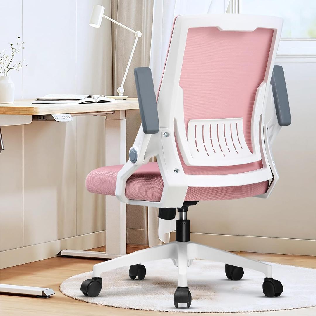 GTPLAYER Ergonomic Office Chair with Flip-up Armrests Executive Computer Chair for Home Office, Breathable Mesh & Comfy Lumbar Support, Pink