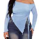 Women's Plus Size Sheer Mesh Off Shoulder Tops Long Sleeve Drawstring Asymmetrical Hem Ruched T Shirt, XXL