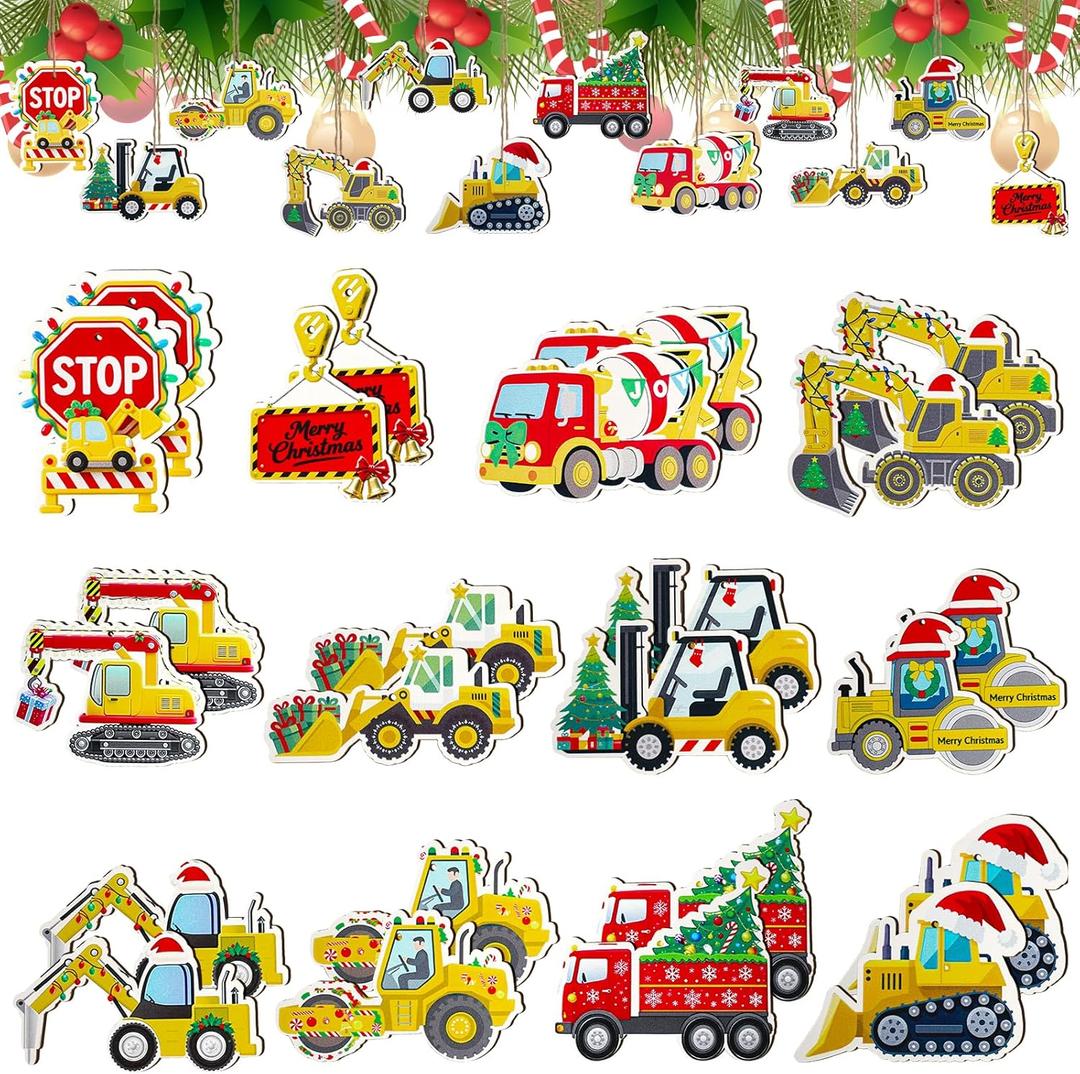 24 Pcs Double-Sided Christmas Construction Truck Wooden Hanging Ornaments Car Crafts Decoration Christmas Tree Hanging Xmas Tree Decor (Truck)