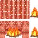 4 Pieces Christmas Red Brick Wall Party Backdrop Red Brick Wrapping Paper Fireplace Backdrop Decorations Artificial Fire Flame Cardboard 3D Campfire Fake Centerpiece, Tablecloth for Party Background