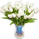 30pcs Artificial Tulips Flowers Real Touch Tulips Fake Holland PU Tulip Bouquet Latex Flower White Tulip for Wedding Party Office Home Kitchen Decoration (Pure White)