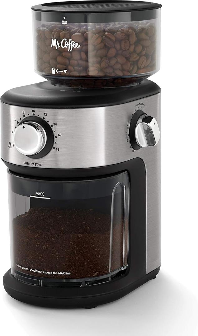 Mr. Coffee Burr Coffee Grinder Automatic Grinder with 18 Presets for French Press Drip and Espresso 18-Cup Capacity Stainless Steel