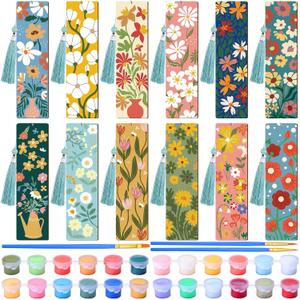 Kosiz 12 Pcs Butterfly Flowers Theme Paint by Numbers Kit for Adults Floral Wood Bookmark Painting Decor Mini Paint by Numbers Kit Tassels Blank Bookmarks Craft for Small DIY Book Lovers Gift 7x2 ''