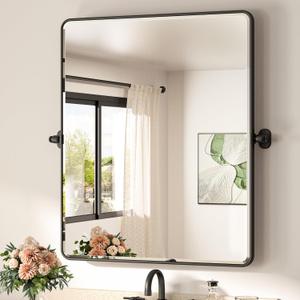 TETOTE Matte Black Pivot Bathroom Mirror 30 x 36 Tilting Beveled Rectangle Metal Framed Mirror, Farmhouse Adjustable Tilt Rectangular Vanity Tempered Glass Mirror, Horizontal/Vertical, Easy to Install