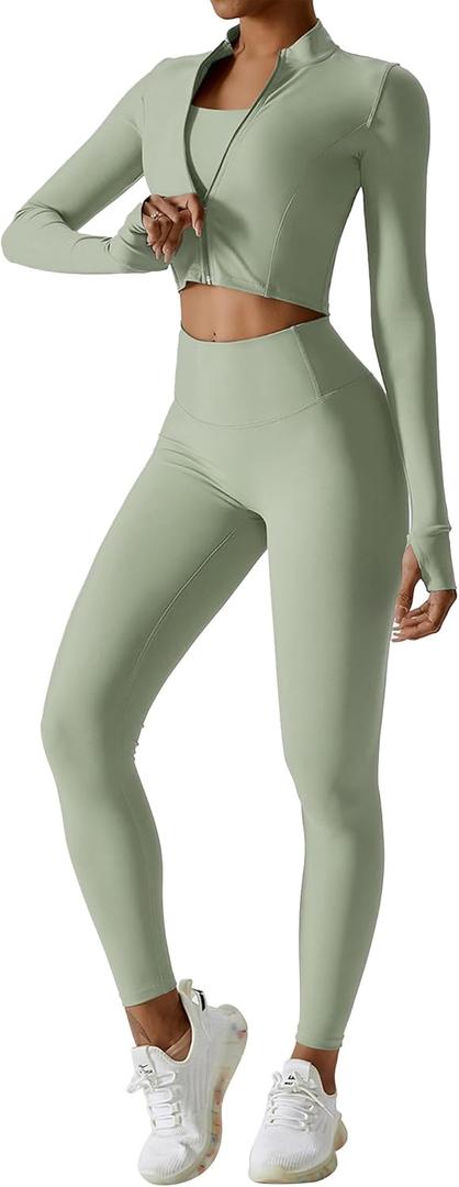Workout Sets for Women 3 Piece High Waisted Seamless Leggings Crop Top Jacket Gym Yoga Outfit Stretchy Sports Bra Sets (Small, Green)