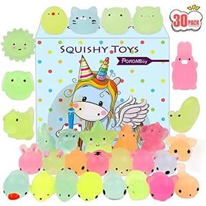 POKONBOY Mochi Squishy Toys Glow in The Dark for Party Favors - 30 Pack Mini Kawaii Cute Animal Squishies Stress Relief Squishy Animals Mochi Cat Squishy with Gift Box