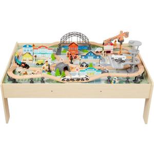 Amazon Basics 120 Piece Wooden Train Set with Activity Table, Sturdy Tracks, Storage Bin, Easy to Assemble, Kids Gift for Age 3Y+, 47.44 x 33.46 x 16.14 in