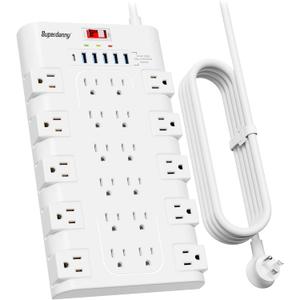 SUPERDANNY Power Strip Surge Protector with 22 AC Outlets and 6 USB Charging Ports, 6.5Ft Mountable Flat Plug Extension Cord (1875W/15A) for Home, Office, Dorm, Gaming Room, 2100 Joules, White