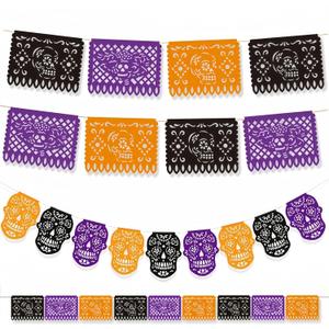 YVAINE 2 Pack Plastic Papel Picado Day of The Dead Sugar Skull Bunting Banner Altar Decoration- 18 pcs Fiesta Dia De Los Muertos Black Purple Orange Flag Banner for Mexican Cinco De Mayo Decorations