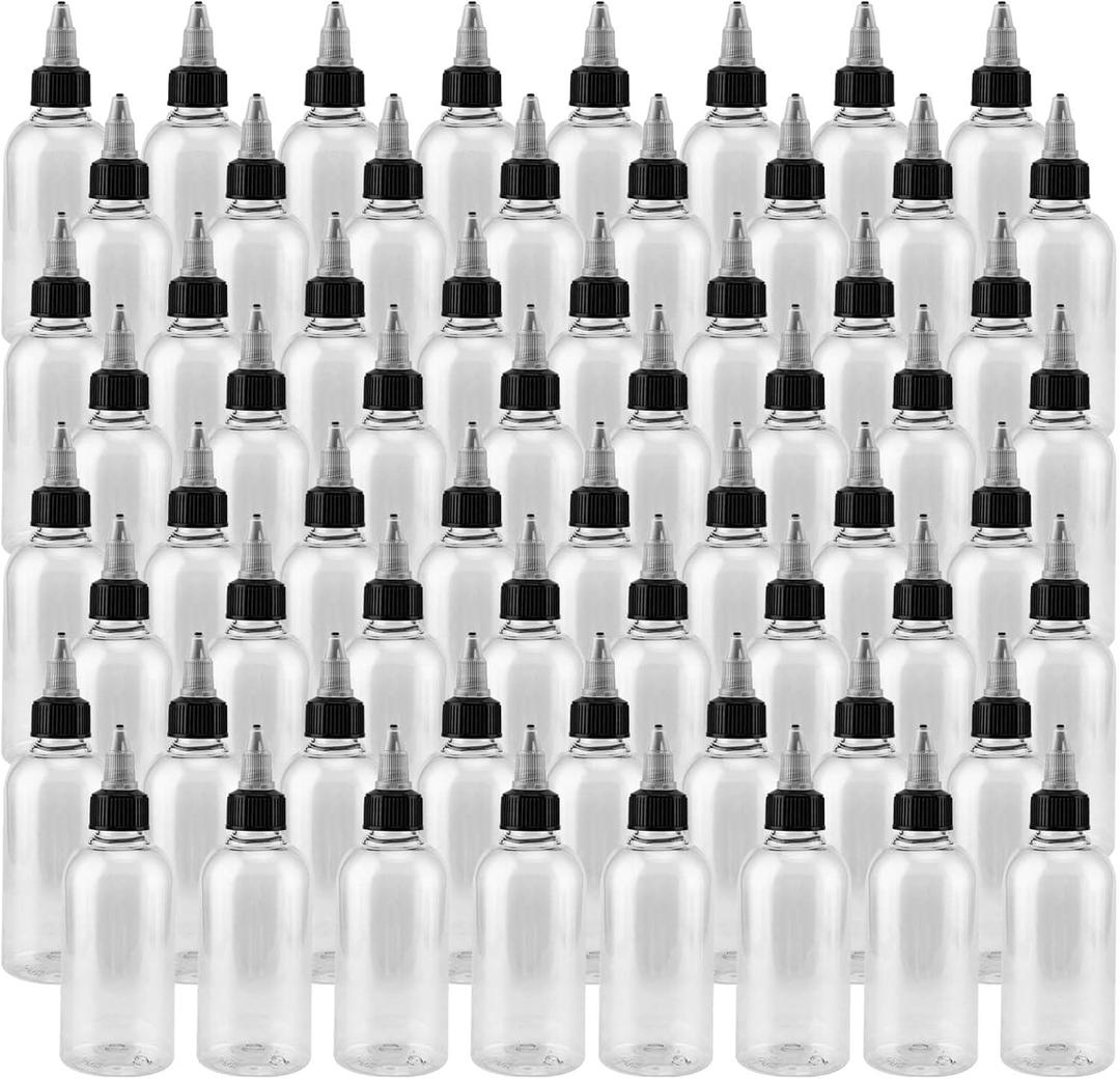 JAPCHET 100 Pcs 2oz Empty Plastic Squeezing Bottles, 60ml Plastic Bottles with Twist Top Cap, Clear Condiment Squeeze Bottles for Oil, Ketchup, Mustard, Sauces, Dressing, Art, Crafts and More