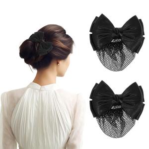 2 Pcs Hair Nets for Buns Black Bowknot Decor Snood Net Bowknot Mesh Crochet Hair Net Hair Snood Net Hair Bun Holders Snoods for Women Hair Equestrian Hair Net Bun Cover Bun Holders for Women's Hair