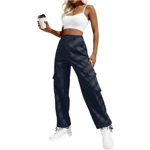 Lepunuo Women's High Waisted Cargo Pants Travel Y2K Streetwear Baggy Stretchy Pants with 6 Pockets Drawstring Ankle Cuffs (Large, Navy Blue)