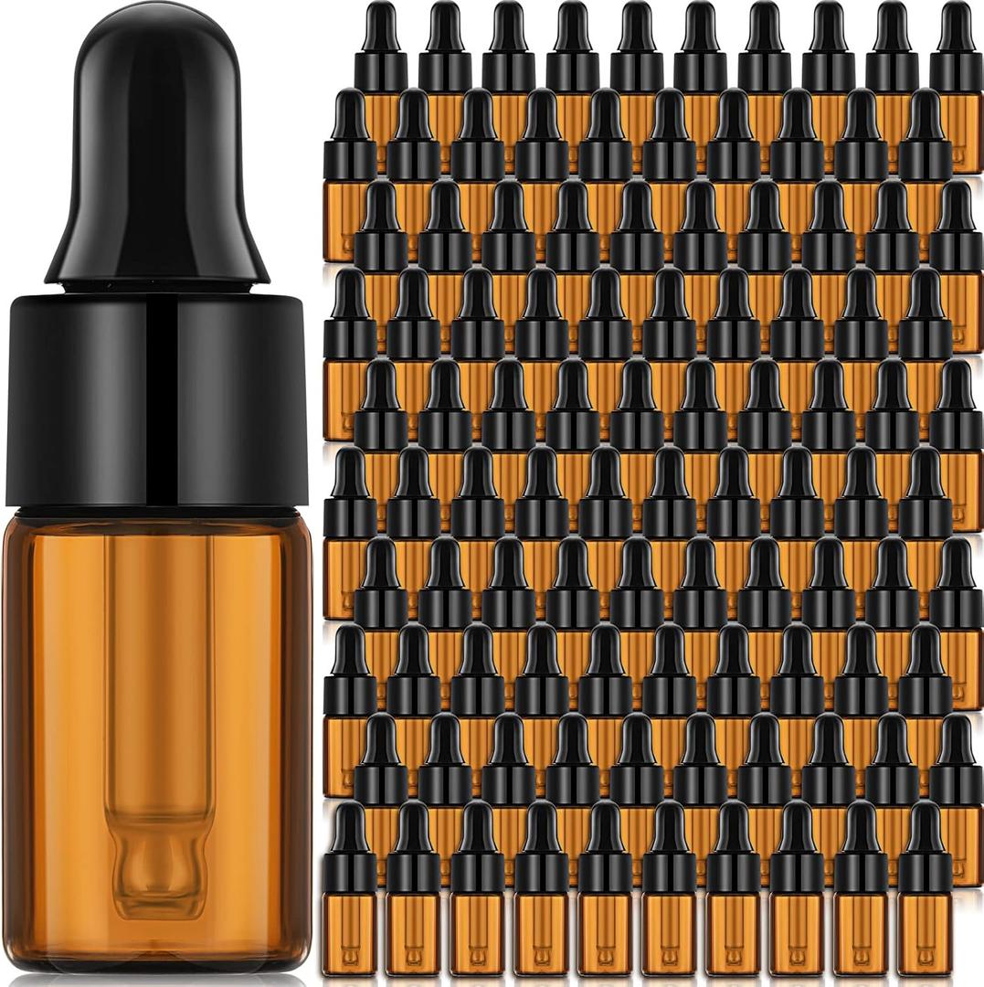 Nuogo 100 Pcs Mini Amber Glass Oil Dropper Bottle Bulk, Clear Essential Small Empty Sample Vial with Dropper and Black Caps Tiny Amber Glass Bottles Perfume Jars for Travel(3 ml)