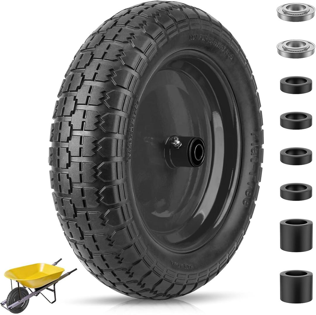 TICONN 14.5" Flat Free Wheelbarrow Tire and Wheel - Solid Replacement With 3" Centered Hub, 5/8" 3/4" Bearings, Universal Fit 4.80/4.00-8, 3.50/3.00-8, 4.00-6 (Black)