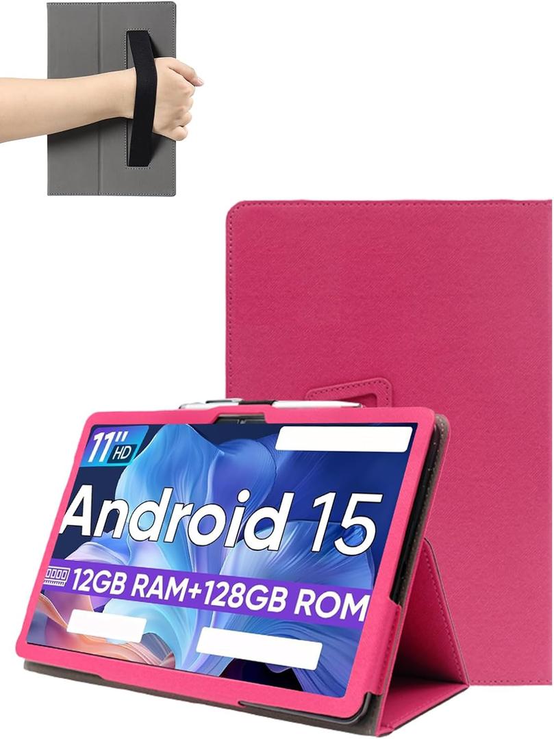 for WXUNJA PTB 2025 (11 Inch) Android 15 Tablet Protective case, Shockproof Lightweight PU Protective Cover with Stand, Wristband Strap Magnetic Flip Design, Business & Travel Friendly, Rose red.