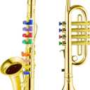 Lewtemi Set of 2 Musical Instruments Include Toy Trumpet and Saxophone Set Plastic Trumpet Educational Christmas Toy Home School Music Gift, Color Keys(Gold)