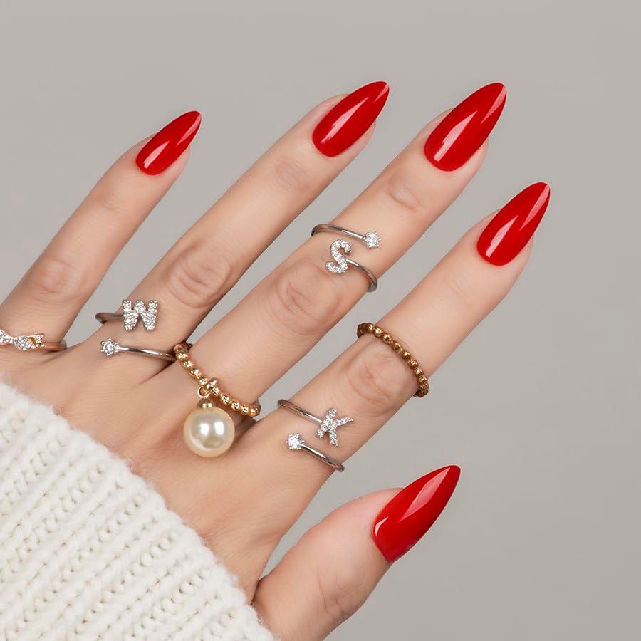 30Pcs Almond Press On Nails - Supremely Fit & Natural Soft Gel Almond Nails,15 Sizes, Reusable Fake Nails Kit with Gift Box for Women (Warm Red)