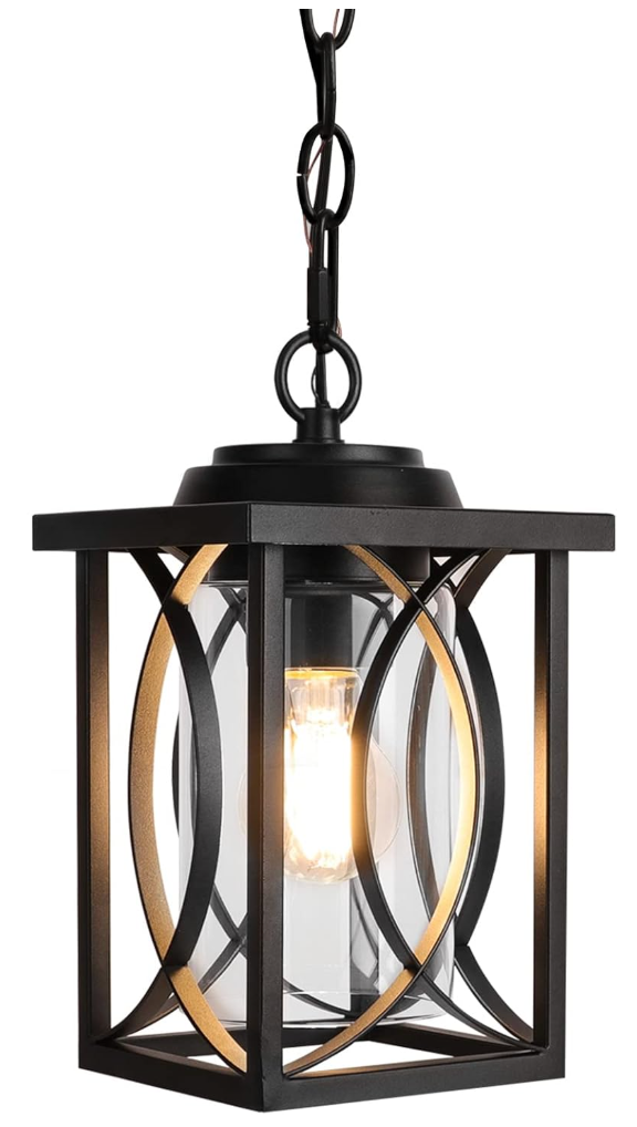 PARTPHONER Outdoor Pendant Light Fixture, Modern Black Exterior Hanging Lantern Anti-Rust Metal Hanging Lights with Clear Glass Shade and Adjustable Chain for Porch Foyer Doorway Front Door 1 Pack