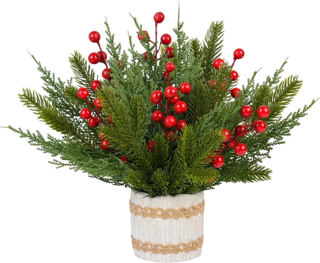 iToids 30 Pcs Artificial Greenery Stems  Faux Pine Needles Branches & Red Berry Picks for Wreaths, Garlands, DIY Crafts, Christmas & Winter Floral Arrangements, Seasonal Home Dcor