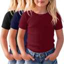 3 Pack Girls Short Sleeve Shirts Ribbed Knit Crew Neck Lace Trim Tops Slim Fit Casual Summer T-Shirts Tees for Kids