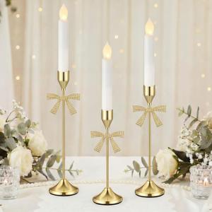 Ceenna 3 Pcs Gold Bow Candle Holders, 3 Size Gold Bow Candlestick Holders, Taper Candle Holder Vintage Decorative for Table Centerpiece Mantel Decor Holiday Housewarming Gifts