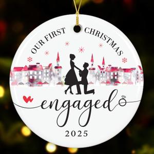 NewEleven for Couples - Gift for Newly Engaged, Happy Engagement Present for Women, Her, Bride - Engaged Ornament Gifts from Friend, Family - Valentines Day Ornament (First Christmas Engaged White Round)
