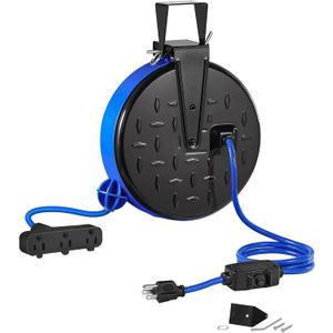 30 Ft Retractable Extension Cord Reel, 16/3 Gauge SJTW Power Cord with 3 Electrical Outlets Pigtail for Garage and Shop, 10 Amp Circuit Breaker, Metal Plate, UL Listed, Blue U30CR06